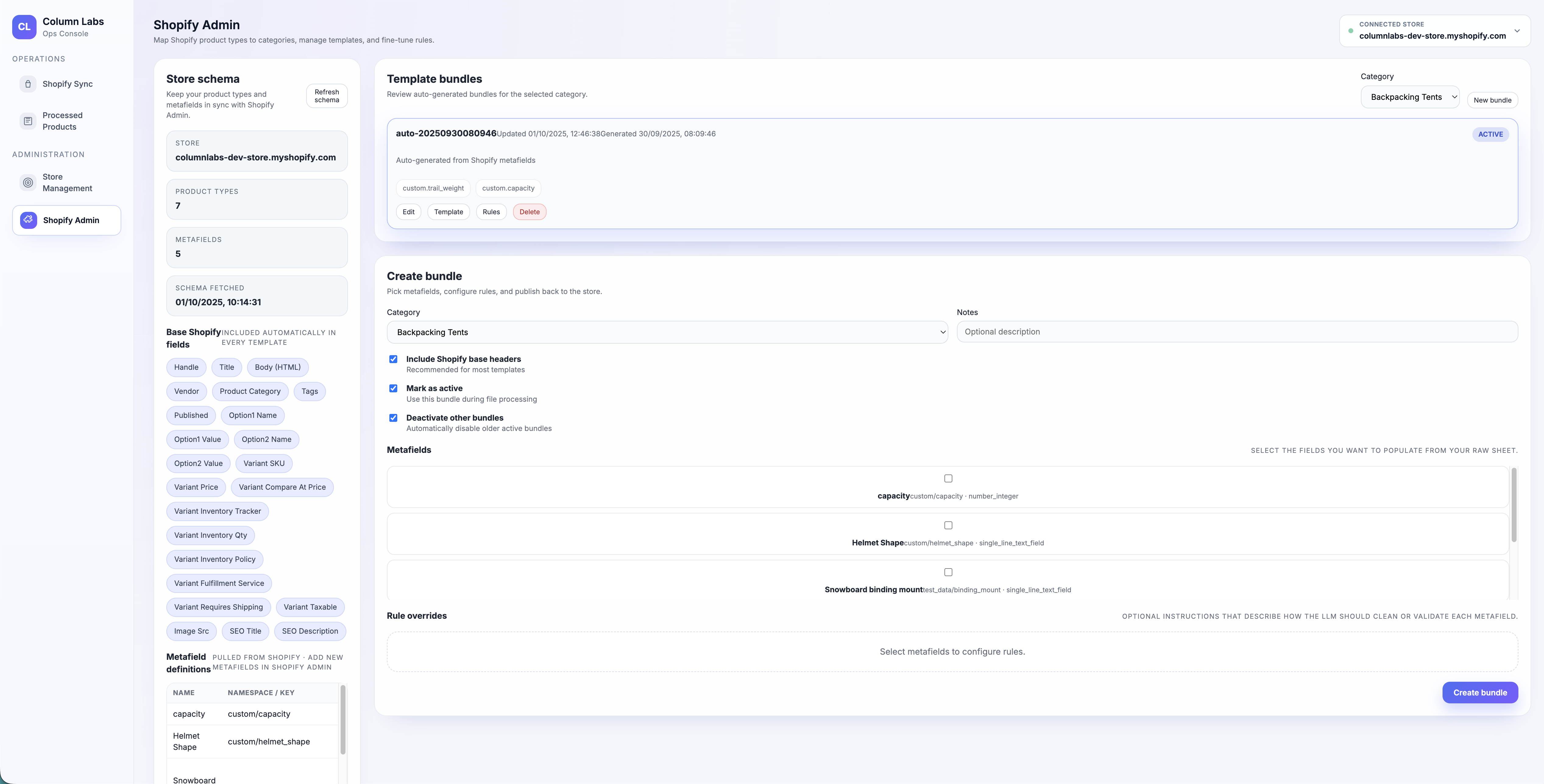 Shopify Admin - Template bundles and metafields